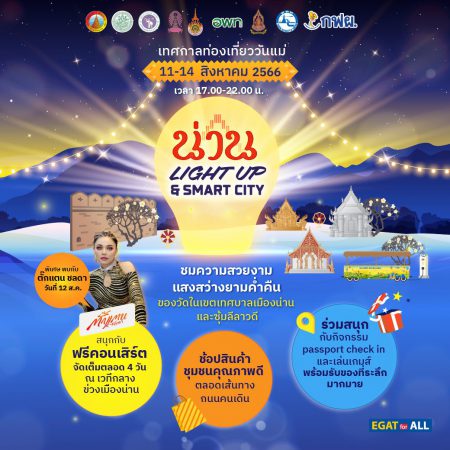 เทศบาลเมืองน่าน จับมือ กฟผ. และภาคีเครือข่าย เดินหน้าขับเคลื่อนการพัฒนาเมืองอัจฉริยะ ส่งเสริมการท่องเที่ยวเมืองน่านให้ยั่งยืน เตรียมเปิดตัว “น่าน Light Up & Smart City”  พร้อมชวนเที่ยวเทศกาลท่องเที่ยววันแม่ ชม ช้อป แชะ แชร์ ที่ข่วงเมืองน่าน 11 – 14 สิงหาคม นี้
