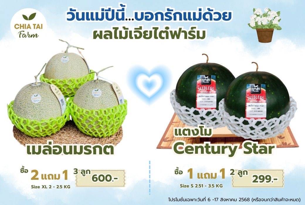 เจียไต๋ฟาร์ม จัดโปรสุดคุ้ม! ชวนบอกรักแม่ด้วย “เมล่อนมรกต – แตงโม Century Star” ของขวัญสุขภาพดีสำหรับคนพิเศษ